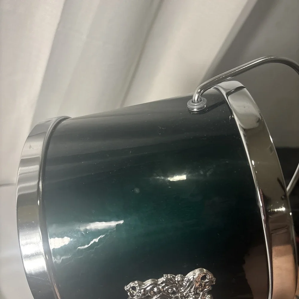 Vintage MCM Barware Ice Bucket~Crest~Dark Green/Silver~ Star Pattern
